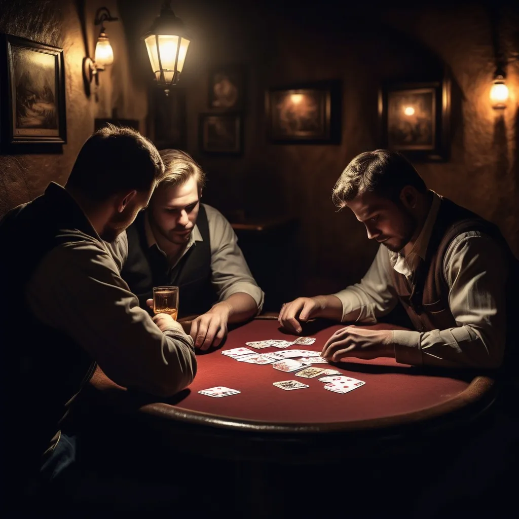 Prompt: In a tavern bar four card player one of the  player us cheating , the light in the picture comes From left to right 