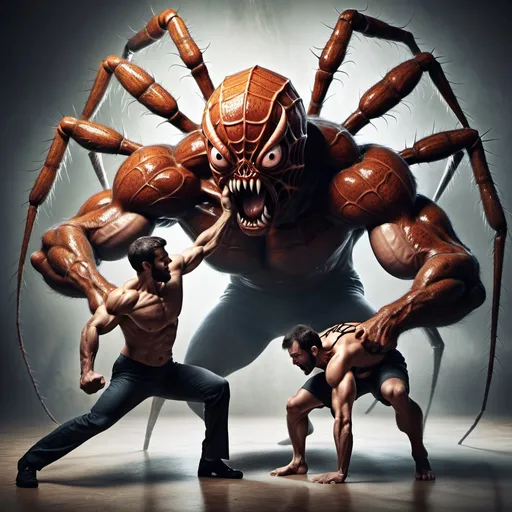 Prompt: Muscolar man fighting against a monster spider 