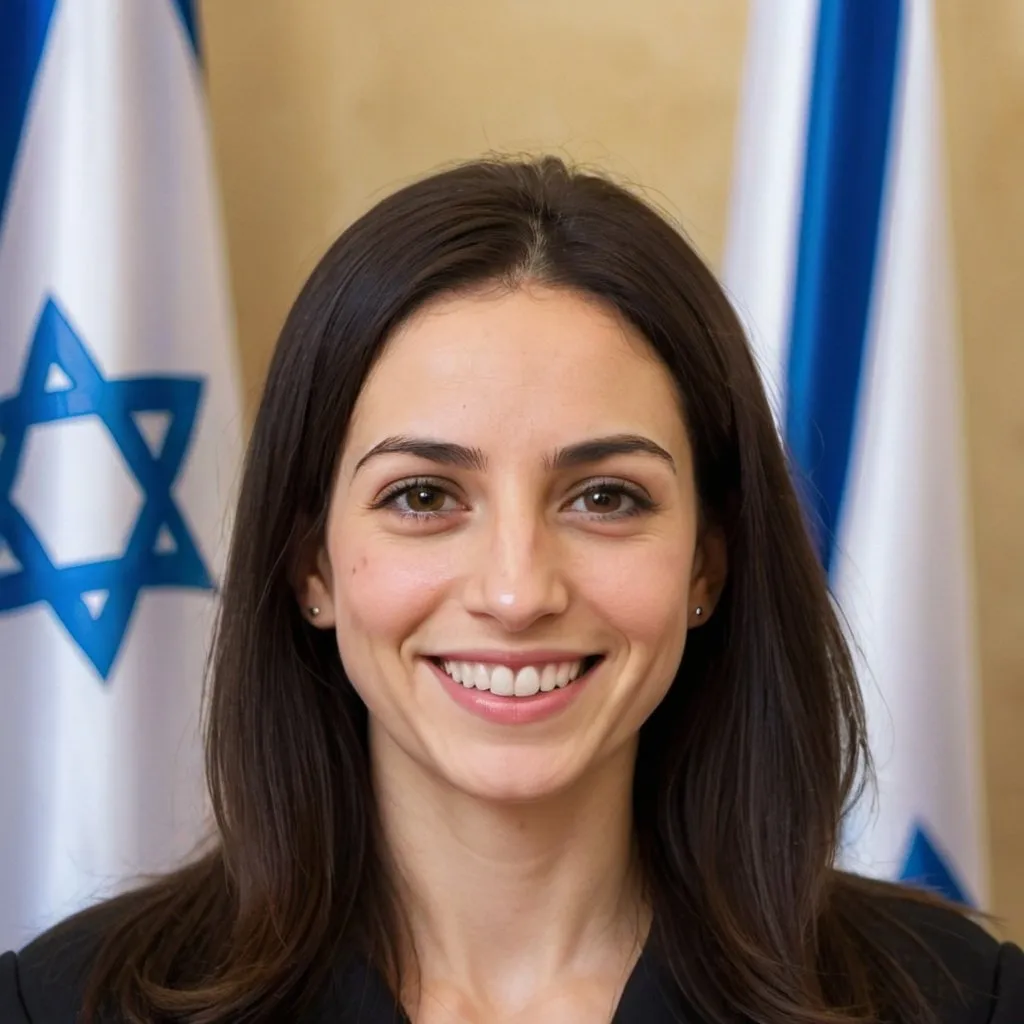 Prompt: Israeli woman, with straight, dark hair, brown eyes and fair skin, a smile on her face and in the background an Israeli flag, also head of state