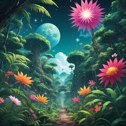 Prompt: Viral anime nature wallpaper in 4K quality, in the style of illustration inspired by Akira Toriyama, featuring a fantastical jungle with oversized plants, vibrant flowers, and exotic animals; bright and playful color temperature, cosmos lighting with stars twinkling in the sky, no human characters, the atmosphere is adventurous and whimsical --v 5 --stylize 1000
