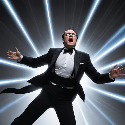 Prompt: A man flying in a black tux with electric black beams, coming out of his eyes, and strangling a person
.








