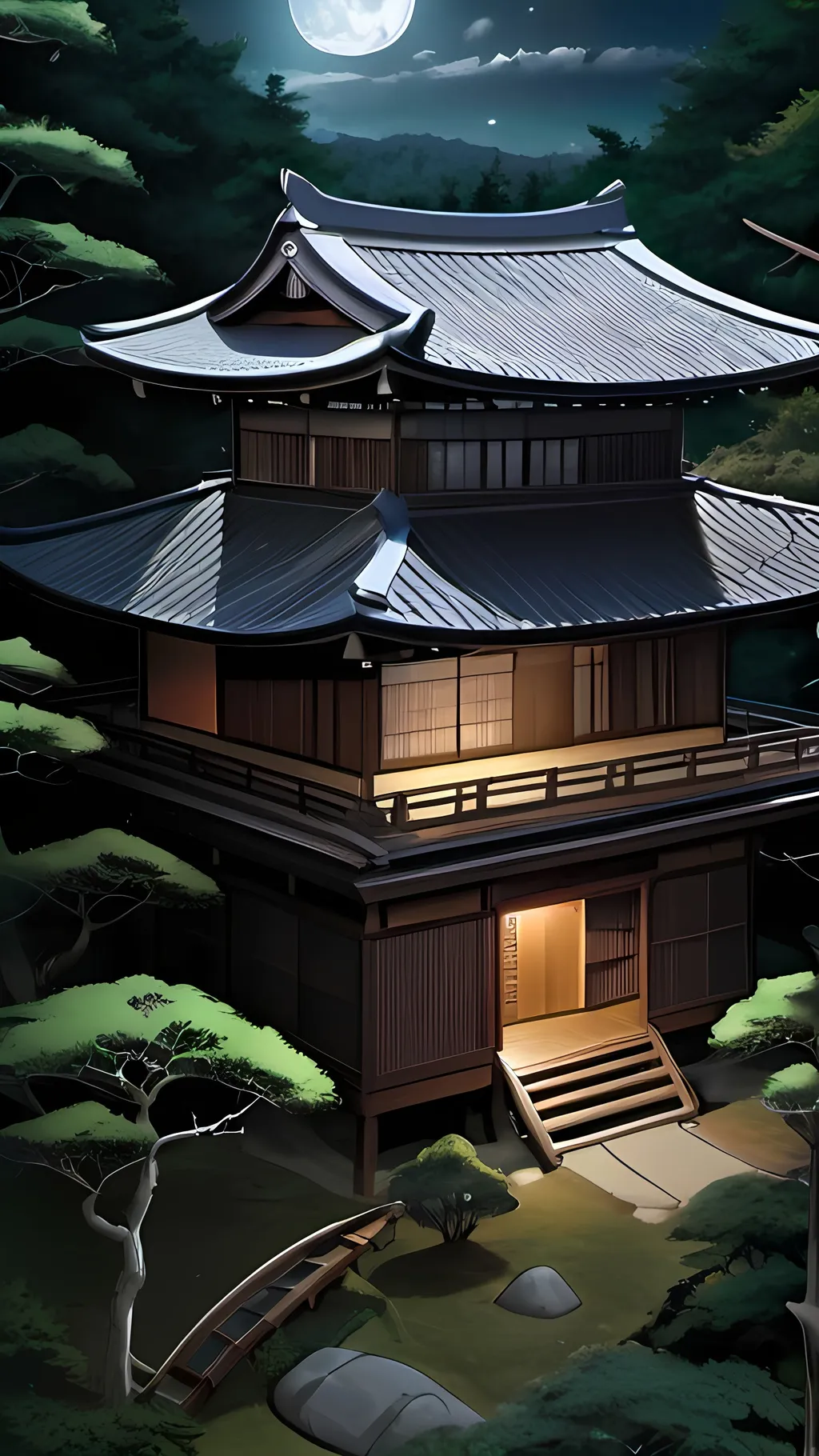 Prompt: A peaceful night,ultrarealastic, masterpiece,deep forest view from above, ultrarealastic,anime view, masterpiece,ultrahd, 8k quality, a moon covered with cloud appeared, ultrarealastic, uhd, 8k quality, high quality, a Japanese single samurai house placed in the middle off the forest, highly focused, high detailed,ultrarealastic, uhd, masterpiece, 8k,anime view of all, 