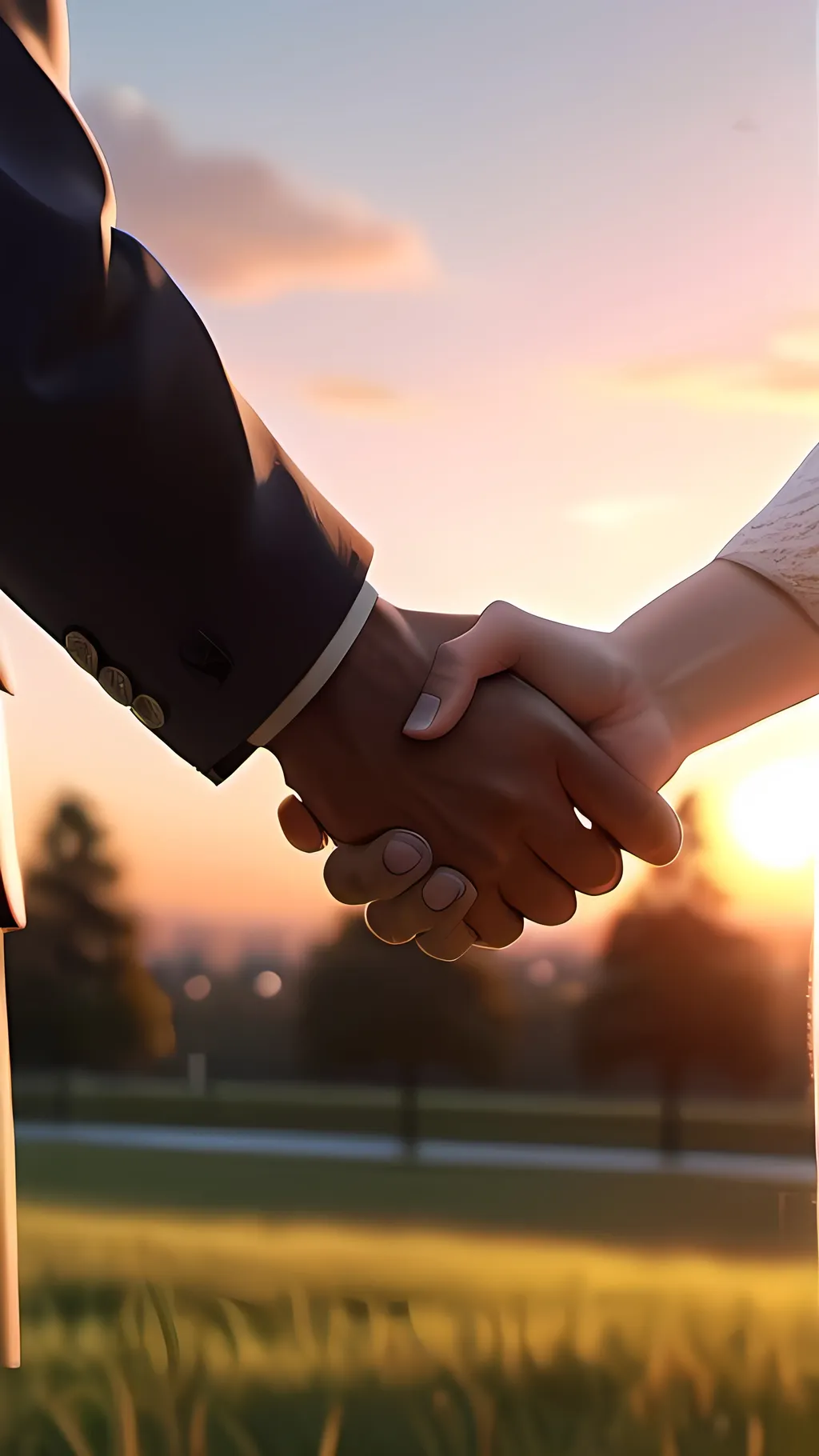 Prompt: Handshake of a couple,highly focused,ultrarealastic, uhd,masterpiece,background park view, ultrarealastic, uhd, masterpiece, 8k, sunset , ultrarealastic, blur preview, anime view. 