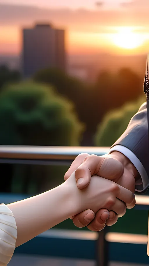 Prompt: Handshake of a couple,highly focused,ultrarealastic, uhd,masterpiece,background park view, ultrarealastic, uhd, masterpiece, 8k, sunset , ultrarealastic, blur preview, anime view. 