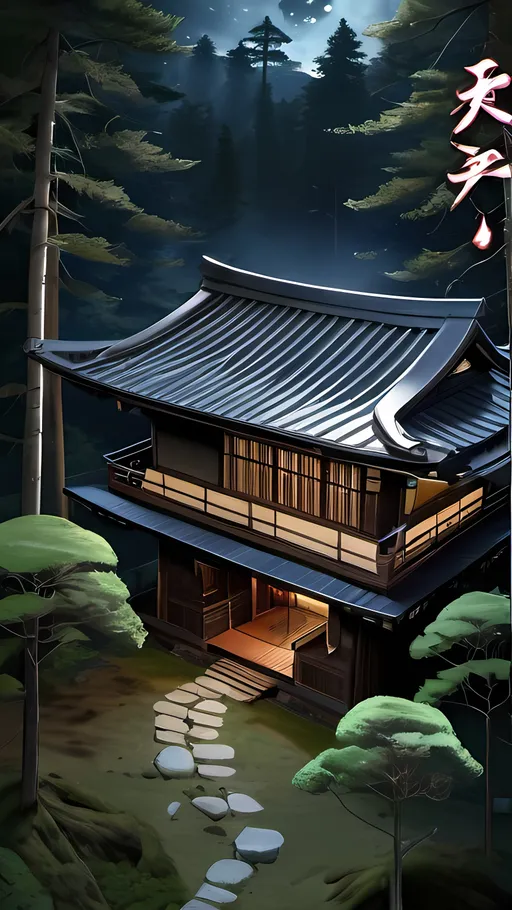 Prompt: A peaceful night,ultrarealastic, masterpiece,deep forest view from above, ultrarealastic,anime view, masterpiece,ultrahd, 8k quality, a moon covered with cloud appeared, ultrarealastic, uhd, 8k quality, high quality, a Japanese single samurai house placed in the middle off the forest, highly focused, high detailed,ultrarealastic, uhd, masterpiece, 8k,anime view of all, 