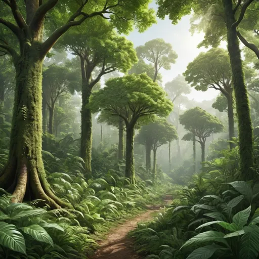 Prompt: Realistic illustration of a lush forest, detailed foliage and textures, earthy green tones, natural lighting, 12 lakh trees absorbing 264 lakh kg of carbon dioxide, 26 thousand carbon credit points annually, high quality, realistic style, detailed trees, lush foliage, natural lighting, carbon neutral, environmental impact