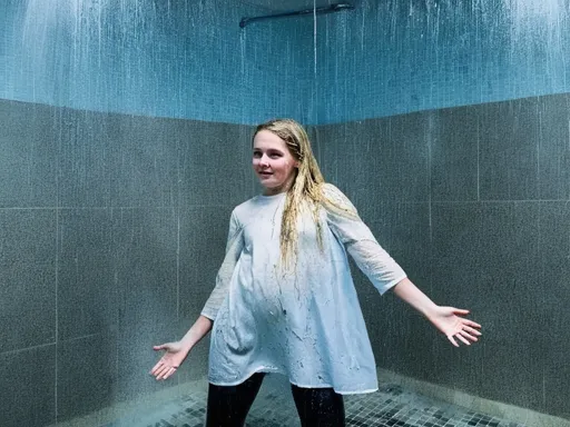 Prompt: 1 girl in a dress small
long blonde hair blue eyes full body in frame looking at viewer in a shower wet hair full body showing she is scared she is in pain