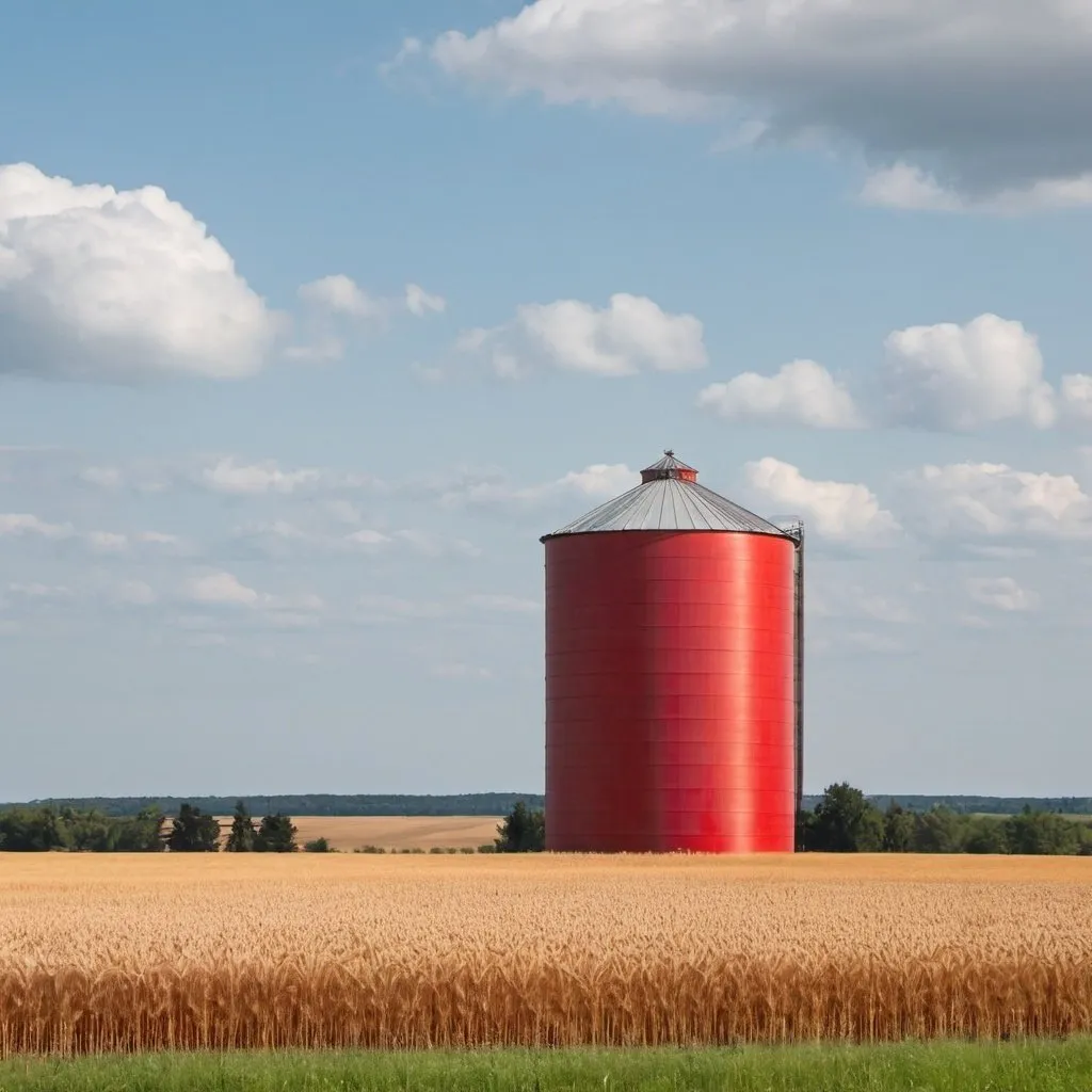 Prompt: tall singular red farm silo with wheat field