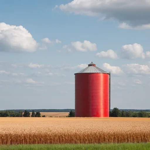 Prompt: tall singular red farm silo with wheat field