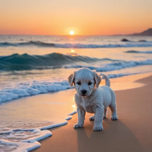 Prompt: iPhone background with blue waves in the ocean at the sunset with little puppy on the sand 