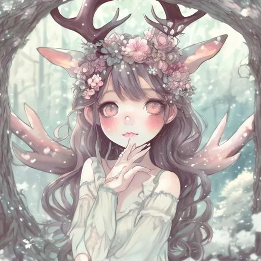 Prompt: Cute anime illustration of a girl with deer antlers, whimsical forest setting, soft pastel color palette, detailed eyes, flowy pastel dress, high quality, anime, fantasy, pastel tones, forest setting, deer antlers, cute design, detailed eyes, whimsical, professional, soft lighting