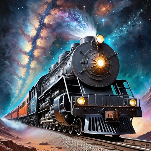 Prompt: Realistic painting of a majestic train soaring through the Milky Way, detailed train locomotive with intricate mechanical details, cosmic backdrop with vibrant stars and nebulae, high quality, realism, detailed Milky Way, majestic locomotive, soaring through space, cosmic backdrop, vibrant stars, intricate mechanical details, realistic painting, professional, atmospheric lighting