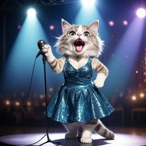 Prompt: Cat singing on stage, wearing skirt, sparkles background, professional, high quality, vibrant, detailed fur, stage lighting, cool tones, sparkly, musical performance, detailed facial expression, best quality, highres, ultra-detailed, professional, stage performance, cool tones, stage lighting, sparkly background