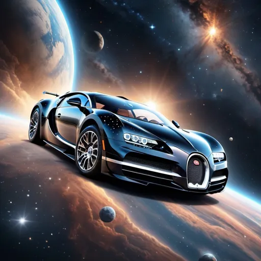 Prompt: Realistic illustration of a Bugatti car flying in space, high-quality rendering, detailed metallic surfaces, intricate reflections, cosmic background with nebulae and stars, dynamic composition, powerful lighting, hyper-realistic, space, luxury car, detailed rendering, cosmic background, dynamic composition, powerful lighting, high quality