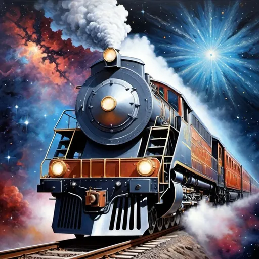 Prompt: Realistic painting of a majestic train soaring through the space, detailed train locomotive with intricate mechanical details, cosmic backdrop with vibrant stars and nebulae, high quality, realism, detailed Milky Way, majestic locomotive, soaring through space, cosmic backdrop, vibrant stars, intricate mechanical details, realistic painting, professional, atmospheric lighting