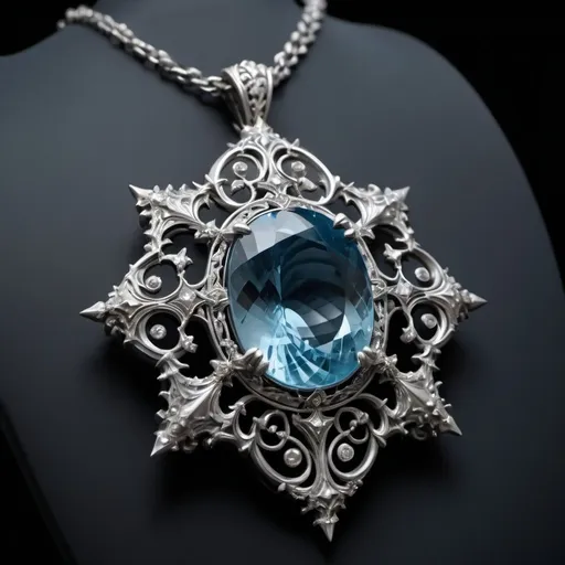 Prompt: "A Gothic-style necklace with a starry sea theme. The centerpiece is a magnificent super Santa Maria aquamarine, larger than 8 carats, radiating a deep, oceanic blue. Surrounding the main stone are intricate Gothic elements in silver, adorned with delicate filigree patterns that resemble the swirling waves and starry night sky. The secondary stones are natural white crystals, meticulously placed to enhance the ethereal glow of the aquamarine, creating a contrast reminiscent of stars shimmering against the night sea. The design includes elaborate silver chains and embellishments, adding to the dark, mystical allure of the Gothic aesthetic."

In addition, I need more pictures from different angles.

style, mainly blue, 4K,ultra hd,rich details,fine texture, close shot, studio lighting, a dark

background,a clean black background, (still life display),product design,

Negative prompt:

((don't show your hands)),ugly,

(deformed), noisy, blurry, distorted,out of

focus, bad anatomy,extra limbs, (wrong hand),a poorly drawn hand,missing fingers, background should not be grayscale,
Steps: 30,

Sampler: DPM++ 2M Karras, CFG scale: 7,

Seed: 478649948, Size: 512x512,

Model hash: 9aba26abdf,

Model: 真实感必备模型|Deliberate_v2, VAF hash: 15e96204c9