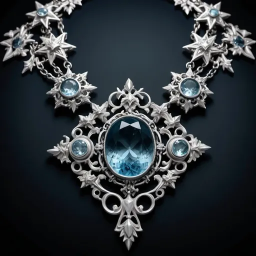 Prompt: "A Gothic-style necklace with a starry sea theme. The centerpiece is a magnificent super Santa Maria aquamarine, larger than 8 carats, radiating a deep, oceanic blue. Surrounding the main stone are intricate Gothic elements in silver, adorned with delicate filigree patterns that resemble the swirling waves and starry night sky. The secondary stones are natural white crystals, meticulously placed to enhance the ethereal glow of the aquamarine, creating a contrast reminiscent of stars shimmering against the night sea. The design includes elaborate silver chains and embellishments, adding to the dark, mystical allure of the Gothic aesthetic."

style, mainly blue, 4K,ultra hd,rich details,fine texture, close shot, studio lighting, a dark

background,a clean black background, (still life display),product design,

Negative prompt:

((don't show your hands)),ugly,

(deformed), noisy, blurry, distorted,out of

focus, bad anatomy,extra limbs, (wrong hand),a poorly drawn hand,missing fingers, background should not be grayscale,
Steps: 30,

Sampler: DPM++ 2M Karras, CFG scale: 7,

Seed: 478649948, Size: 512x512,

Model hash: 9aba26abdf,

Model: 真实感必备模型|Deliberate_v2, VAF hash: 15e96204c9