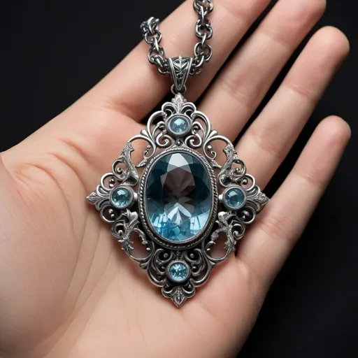 Prompt: "A Gothic-style necklace with a starry sea theme. The centerpiece is a magnificent super Santa Maria aquamarine, larger than 8 carats, radiating a deep, oceanic blue. Surrounding the main stone are intricate Gothic elements in silver, adorned with delicate filigree patterns that resemble the swirling waves and starry night sky. The secondary stones are natural white crystals, meticulously placed to enhance the ethereal glow of the aquamarine, creating a contrast reminiscent of stars shimmering against the night sea. The design includes elaborate silver chains and embellishments, adding to the dark, mystical allure of the Gothic aesthetic."

In addition, I need more pictures from different angles.

style, mainly blue, 4K,ultra hd,rich details,fine texture, close shot, studio lighting, a dark

background,a clean black background, (still life display),product design,

Negative prompt:

((don't show your hands)),ugly,

(deformed), noisy, blurry, distorted,out of

focus, bad anatomy,extra limbs, (wrong hand),a poorly drawn hand,missing fingers, background should not be grayscale,
Steps: 30,

Sampler: DPM++ 2M Karras, CFG scale: 7,

Seed: 478649948, Size: 512x512,

Model hash: 9aba26abdf,

Model: 真实感必备模型|Deliberate_v2, VAF hash: 15e96204c9