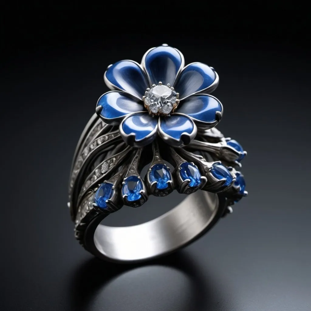 Prompt: jewelry design, a ring in the shape of a blue bell flower,using colored gemstones and

diamonds, rich levels of detail, luxury

style, mainly blue, 4K,ultra hd,rich details,fine texture, close shot, studio lighting, a dark

background,a clean black background, (still life display),product design,

Negative prompt:

((don't show your hands)),ugly,

(deformed), noisy, blurry, distorted,out of

focus, bad anatomy,extra limbs, (wrong hand),a poorly drawn hand,missing fingers, background should not be grayscale,