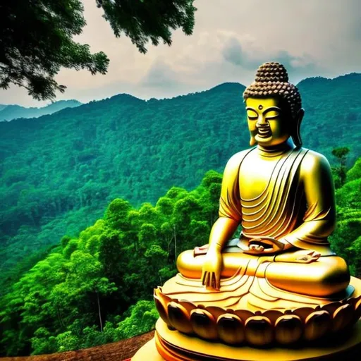 Prompt: Buddha sitting and smiling. Beautiful nature and forests all in the background 