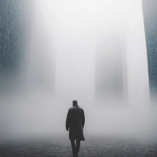 Prompt: Lonely man in the fog towards a city full of tall buildings