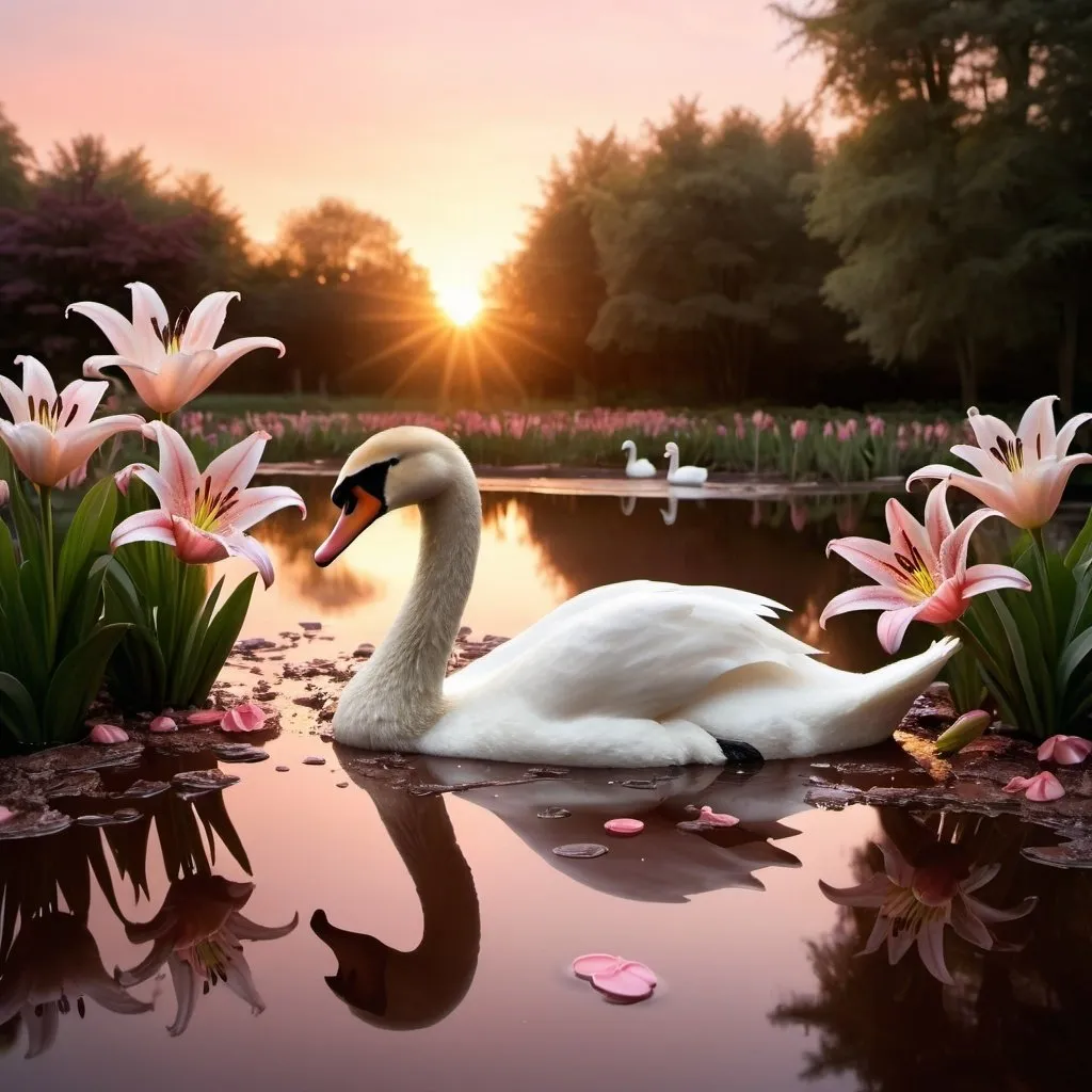Prompt: Swan in a pond of melted chocolate with candy lilies at sunrise followed by ducklings 