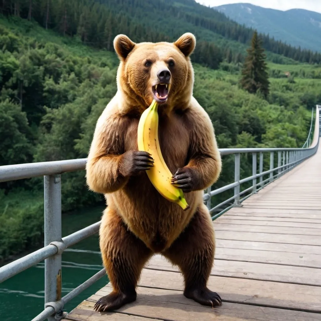 Prompt: Bear eating a banana on a bridge