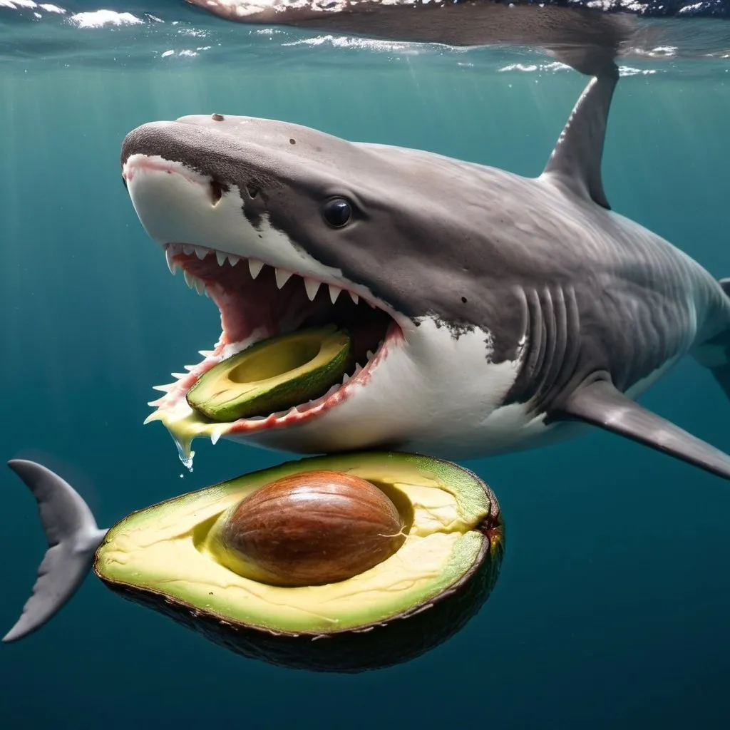 Prompt: Half avocado half whale, with a shark head hybrid in the Pacific ocean, eating a school of fish