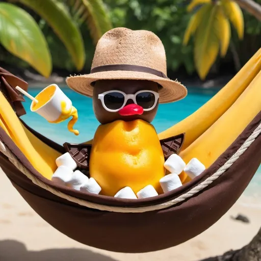 Prompt: Half mango, half fly in Hawaii in a hammock with a hat on, eating melted marshmallows dipped in chocolate 