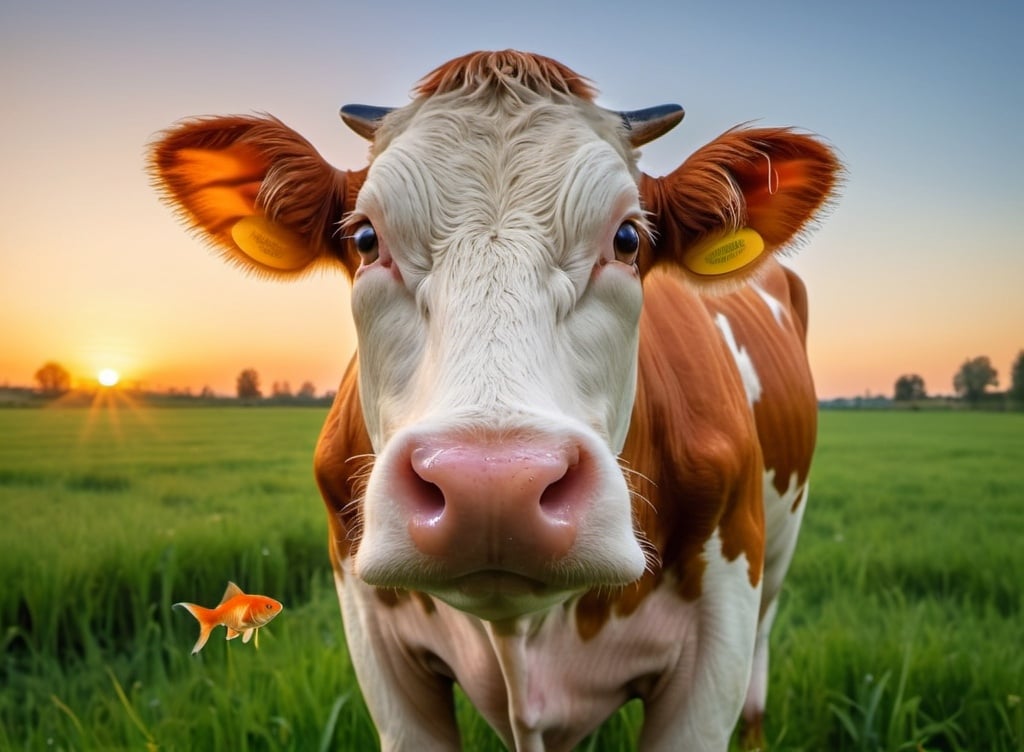 Prompt: Cow body with the head of a goldfish in a green field at sunset