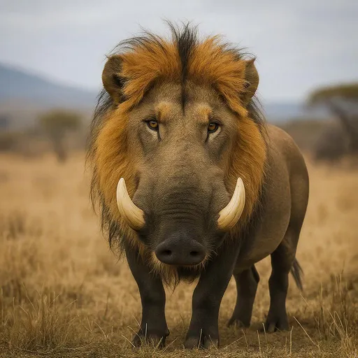 Prompt: Image de phacochère avec une tête de lion. Dans la savane 