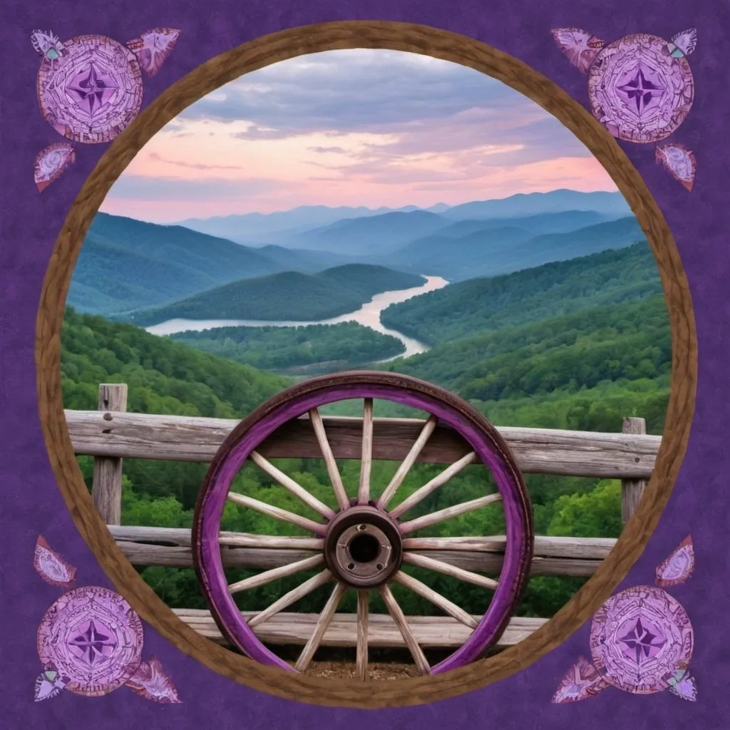 Prompt: A wagon wheel with western North Carolina mountains, culture, bridge and quilt, purple 