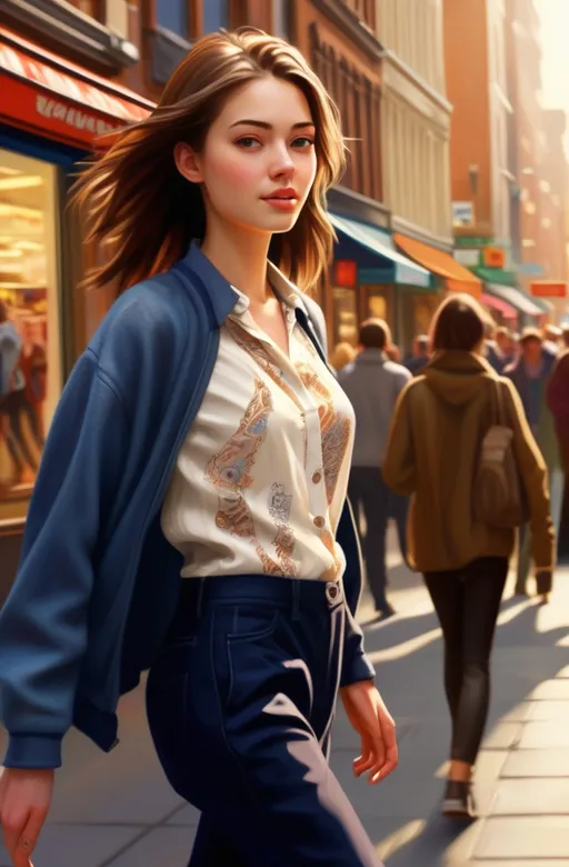 Prompt: (tall young woman), walking down a lively high street, (realistic natural lighting), detailed clothing with intricate textures and patterns, high-quality depiction capturing urban scenery, vibrant atmosphere with bustling pedestrians, shops lining the street, shadows cast by sunlit buildings, ultra-detailed background, sense of movement and fashion, dynamic composition.