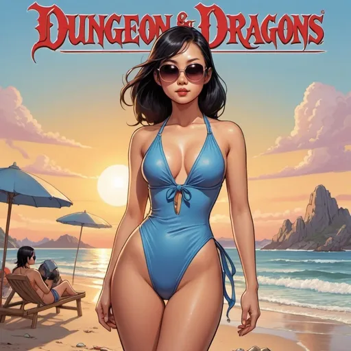 Prompt: Dungeon & Dragons cover art, asian woman in a one piece bathing suit on the beach at sunset with sunglasses on, cartoon illustration.