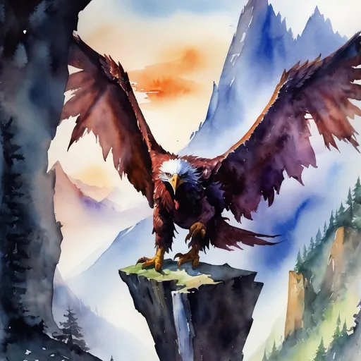 Prompt: watercolor painting, edges faiting, dungeon and dragons, giant eagle, mountain.


