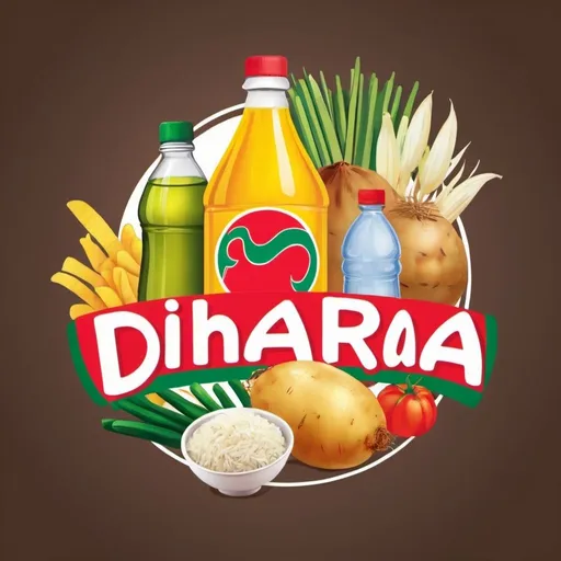 Prompt: Logo for groceries in Bangladesh, Name Dhara, including product soft drink, potato, onion, vegetable, rice, oil, chips, garlic, dal