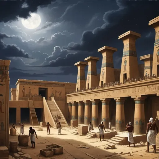 Prompt: 16:9 ratio painting of ancient egyptian city being built by jewish slaves. Dark skies