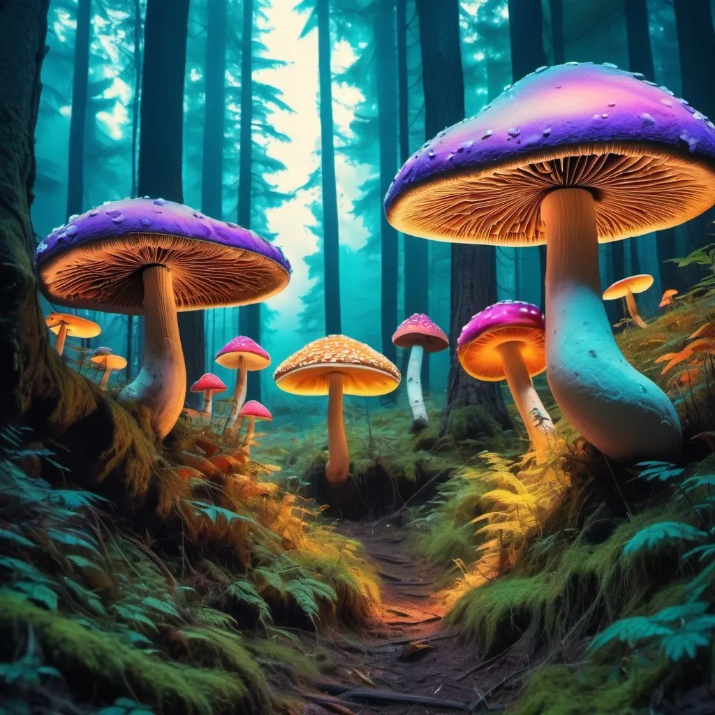 Prompt: A giant psychedelic mushroom forest