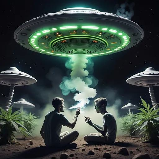 Prompt: A human smoking cannabis in a UFO with alien abductors