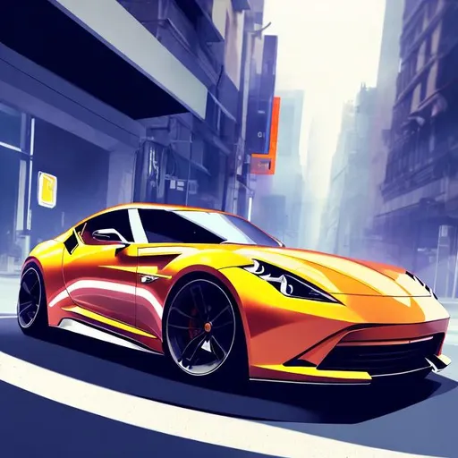 Prompt: A man sitting on a sleek sports car, vibrant and dynamic, high-quality digital illustration, realistic and detailed, urban street setting, modern and luxurious, confident and composed pose, glossy finish, professional rendering, realistic lighting, highres, detailed, digital illustration, urban, sleek design, dynamic composition, modern, luxurious, confident pose, glossy finish