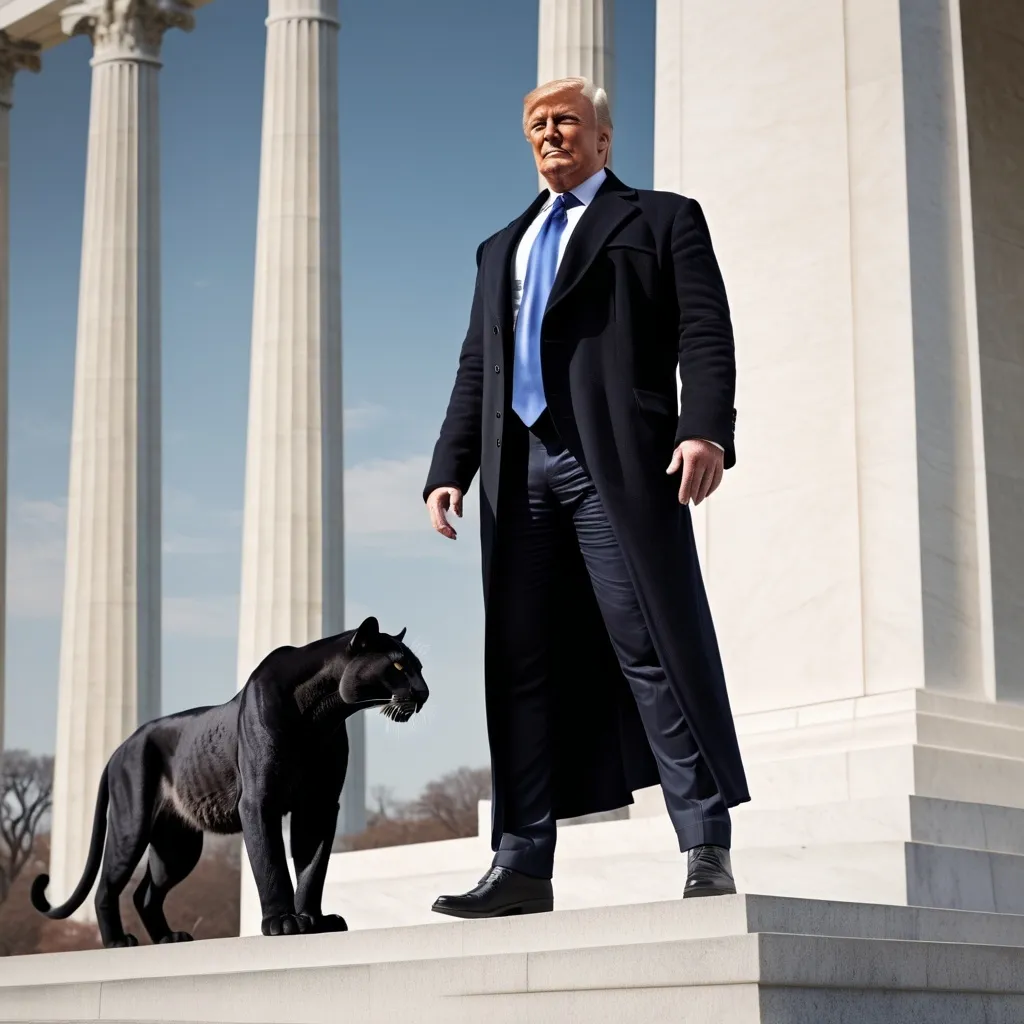 Prompt: Black panther like Donald Trump standing on the steps of the Lincoln Memorial with the Washington Monument in the background,, perfect composition, beautifully detailed complex insanely detailed octane render trending in artstation, 8k artistic photography, perfect light, perfect body, perfect eyes, full body image, blond hair,let donald trump face