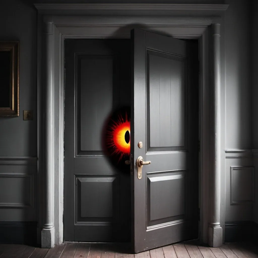 Prompt: Use the image guidance. A bright, big red eye is seen through the door