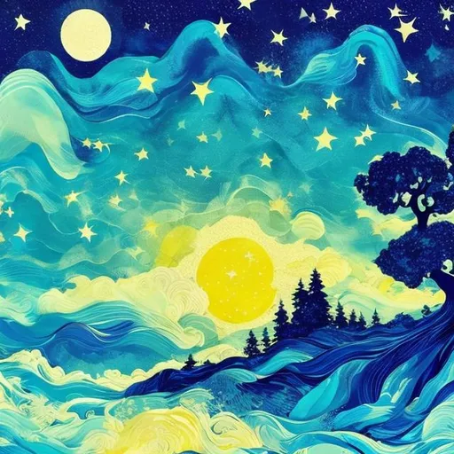 Prompt: A Blue nights sky with Yellow stars with a wavey Aqua Ocean with a big tree thats dead with no branches and no Leafs just the stamp thats broken in a painting with a big half moon with a small village in background thats barley visible
