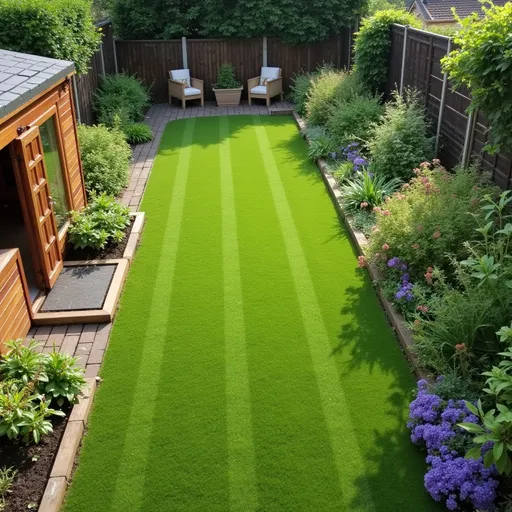 Prompt: Realistic image of a garden with a shed at the top left.  Outdoor seating on the top right. Grass split by a path and a thin strip of various flower beds on either side
