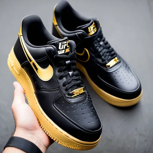 Prompt: Can you make custom ufc black and gold champion air force 1s