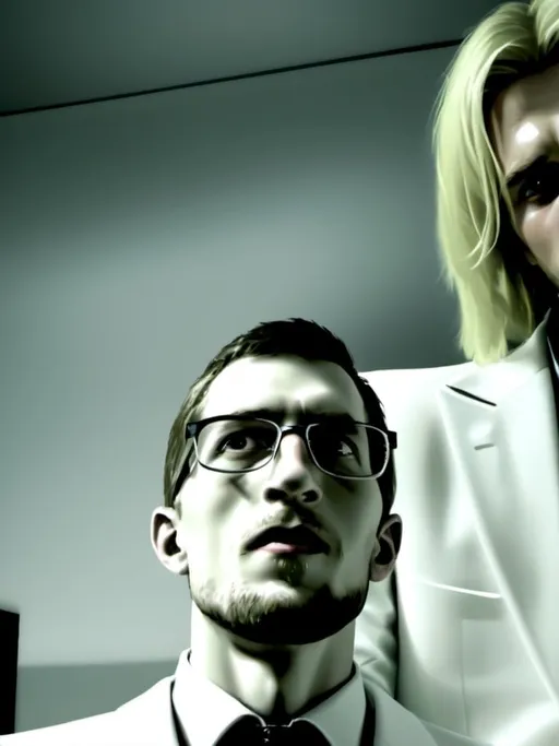 Prompt: Jack Krauser and a blonde Entj male with blonde hair in a white suit enjoying themselves in his penthouse.