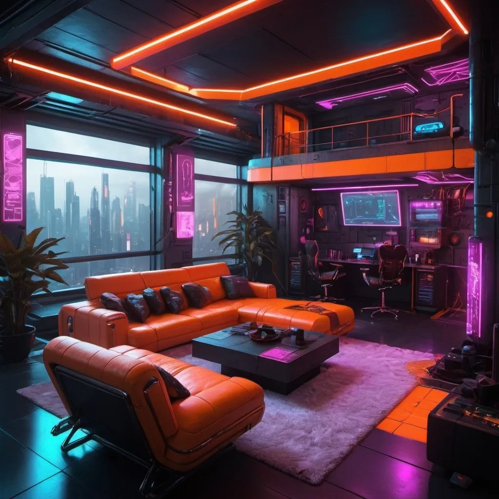 Prompt: Cyberpunk penthouse,orange neons,make it big,with alot of details.

