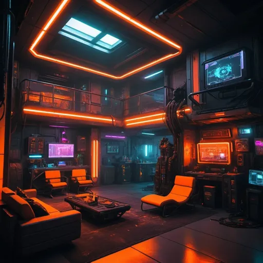Prompt: Cyberpunk penthouse in null sec base,orange neons,make it big.