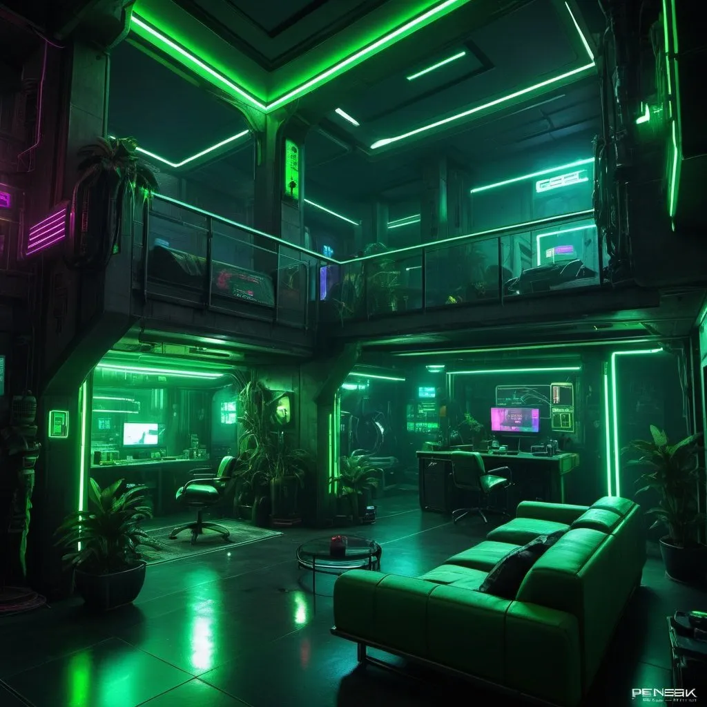 Prompt: Cyberpunk penthouse in null sec base,green neons,make it big.