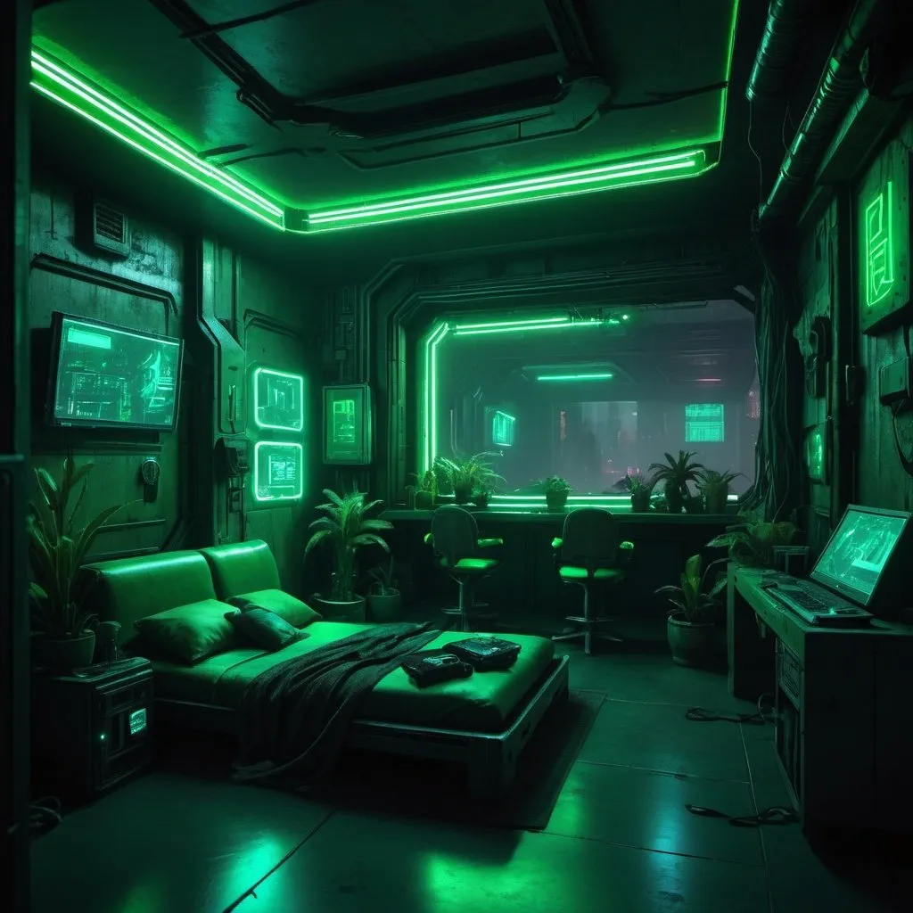 Prompt: Cyberpunk penthouse in null sec base,green neons.